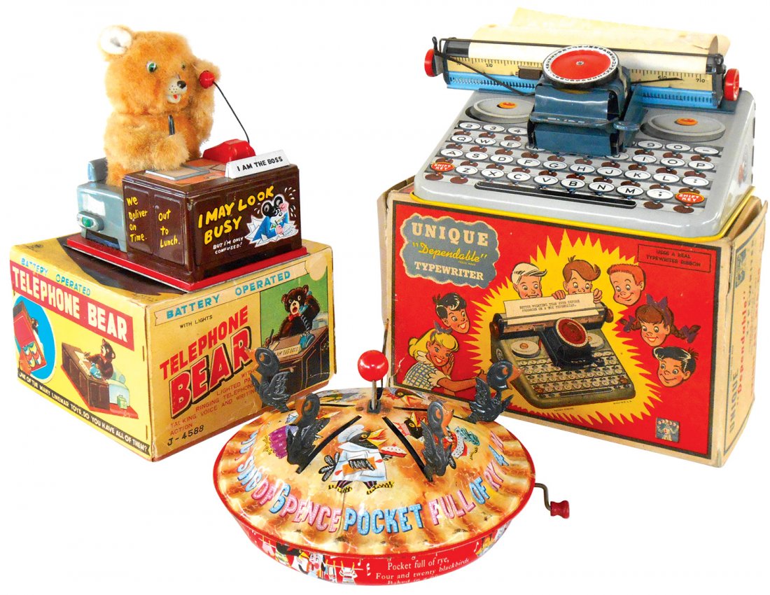 Toys (3), Unique Art "Dependable" typewriter w/orig box;: Toys (3), Unique Art "Dependable" typewriter w/orig box; Linemar Telephone Bear w/orig box & 4 & 20 Blackbirds musical toy pie by Mattel, toys VG cond, boxes Good cond w/minor edge tears, up to 12"L.