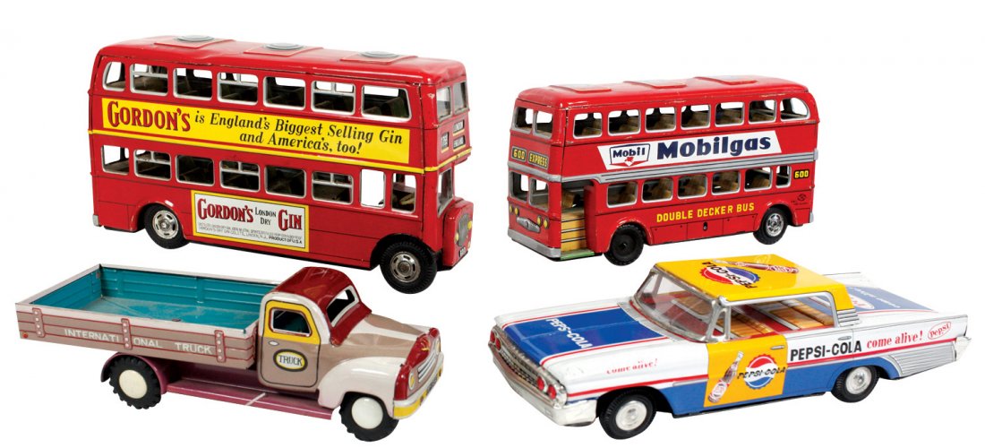Toy advertising vehicles (4): International truck &: Toy advertising vehicles (4): International truck & Pepsi-Cola car, both tin friction, Gordon's Gin & Mobilgas tin buses, Exc cond w/minor wear, up to 11"L.