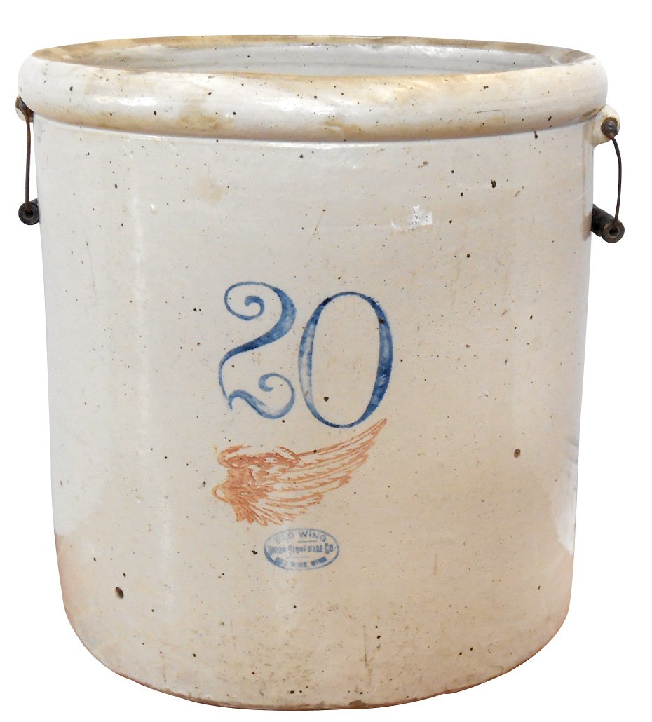 Stoneware Red Wing crock, 20 gal, bail handles, VG cond: Stoneware Red Wing crock, 20 gal, bail handles, VG cond w/sm base chip & couple of sm chips on inside rim, 20"H.