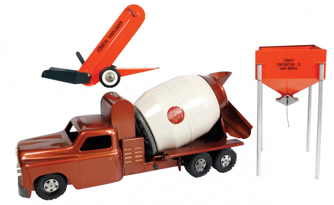 Toys (3), Structo sand hopper, sand loader & cement: Toys (3), Structo sand hopper, sand loader & cement truck, all pressed steel in VG cond w/some paint wear, up to 19"L.