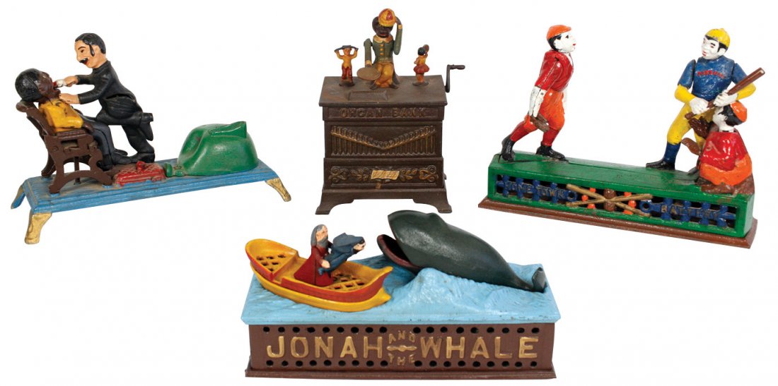 Banks (4), mechanical, Organ Bank, Jonah and the Whale,: Banks (4), mechanical, Organ Bank, Jonah and the Whale, Hometown Battery & The Dentist, all mfgd by Book of Knowledge, Exc cond, up to 7"H.