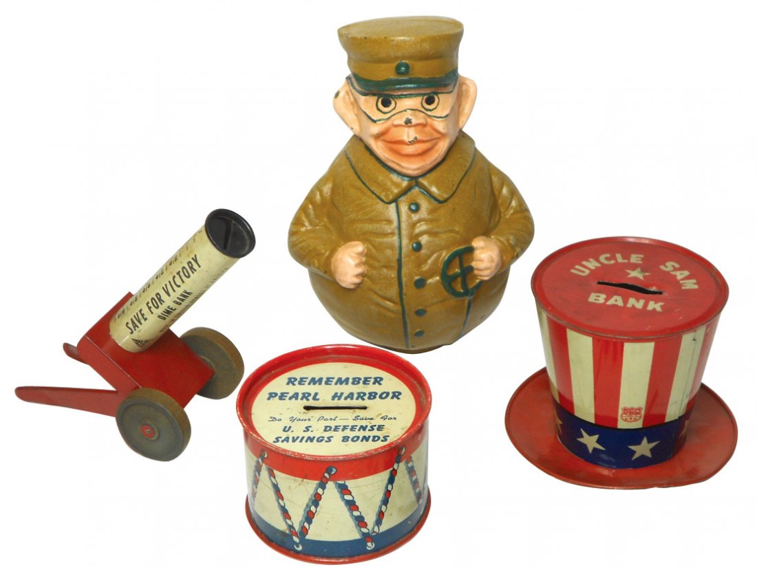 Banks (4), Uncle Sam Hat Bank, litho on tin by J. Chein: Banks (4), Uncle Sam Hat Bank, litho on tin by J. Chein & Co., VG/Exc cond, Japanese General Bank, cast metal w/great paint, Save for Victory Dime Bank, mfgd by Gotham Pressed Steel Corp. & Remember P