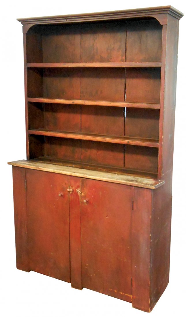 Furniture, primitive stepback cupboard w/old red paint,