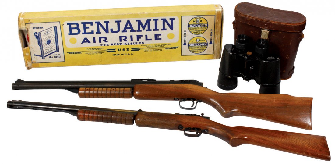 Toy guns & binoculars (3), 2 Benjamin air rifles, one: Toy guns & binoculars (3), 2 Benjamin air rifles, one new in box, other w/light use & Toko binoculars in leather case, Made in Occupied Japan, VG cond.