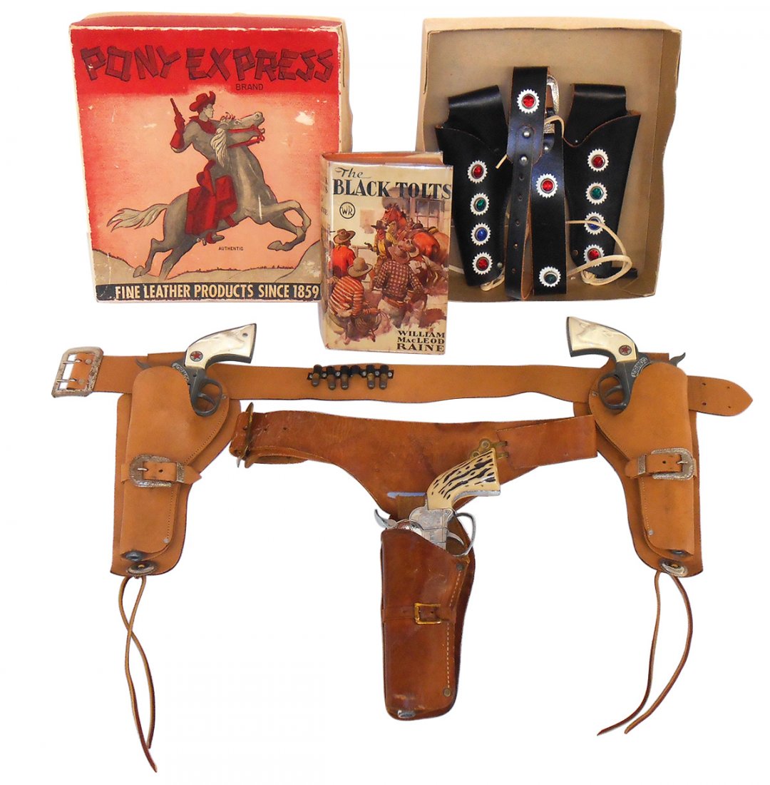 Western toy guns & book (4), leather double holster set