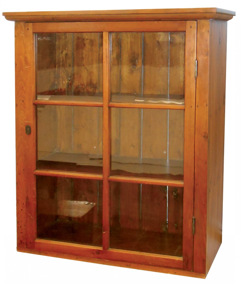 Furniture, primitive wall cupboard, pine w/slatted: Furniture, primitive wall cupboard, pine w/slatted back, square nails, 6 glass panels in door, nice crown molding, a great early cupboard in Exc cond, 43"H x 40"W x 14"D.