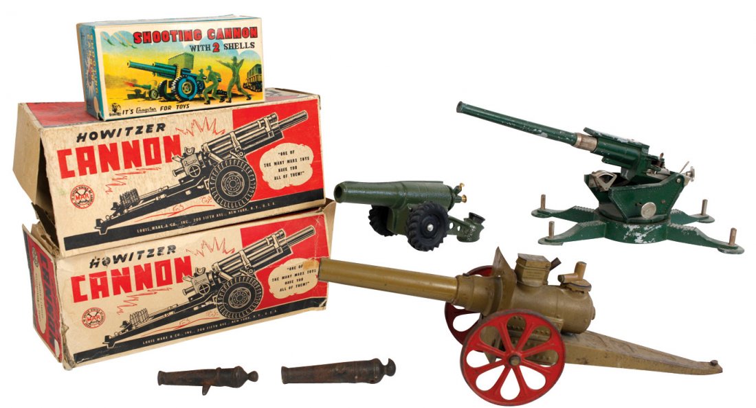 Toy canons & boxes (7), 5 canons, incl Big Bang &: Toy canons & boxes (7), 5 canons, incl Big Bang & Astra, iron & steel; box for Cragstan & Marx Howitzer, Good to VG cond, up to 17"L. (2nd box for Howitzer not included in lot)