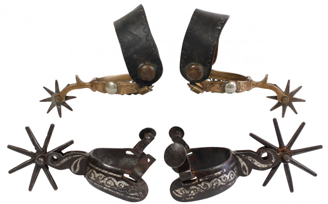 Western spurs (2 sets), one set is brass & leather: Western spurs (2 sets), one set is brass & leather w/vine design & anchor hallmark, other is cast iron w/raised silver designs, VG cond w/signs of light use, up to 9"H x 4"W.