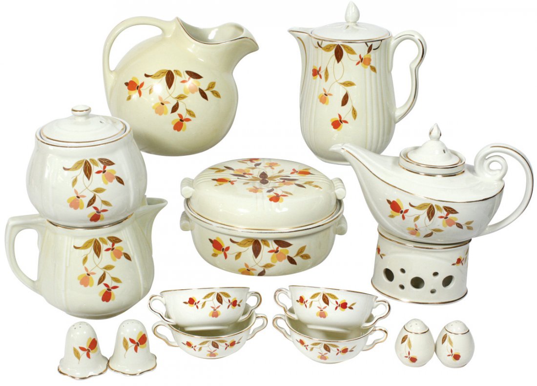 Jewel Tea Autumn Leaf (14), ball pitcher, Aladdin tea: Jewel Tea Autumn Leaf (14), ball pitcher, Aladdin tea pot w/oval warmer, 2 coffee pots, covered casserole, 4 cream soup dishes & 2 pr salt/pepper shakers, all VG/Exc cond.