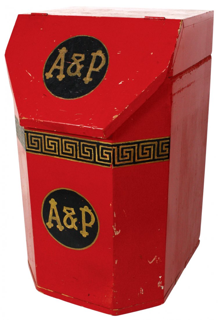 Country store coffee bin, A&P, wood w/metal liner &: Country store coffee bin, A&P, wood w/metal liner & hinged slanted lid, VG cond w/older repaint, 30"H x 18"W x 19"D.