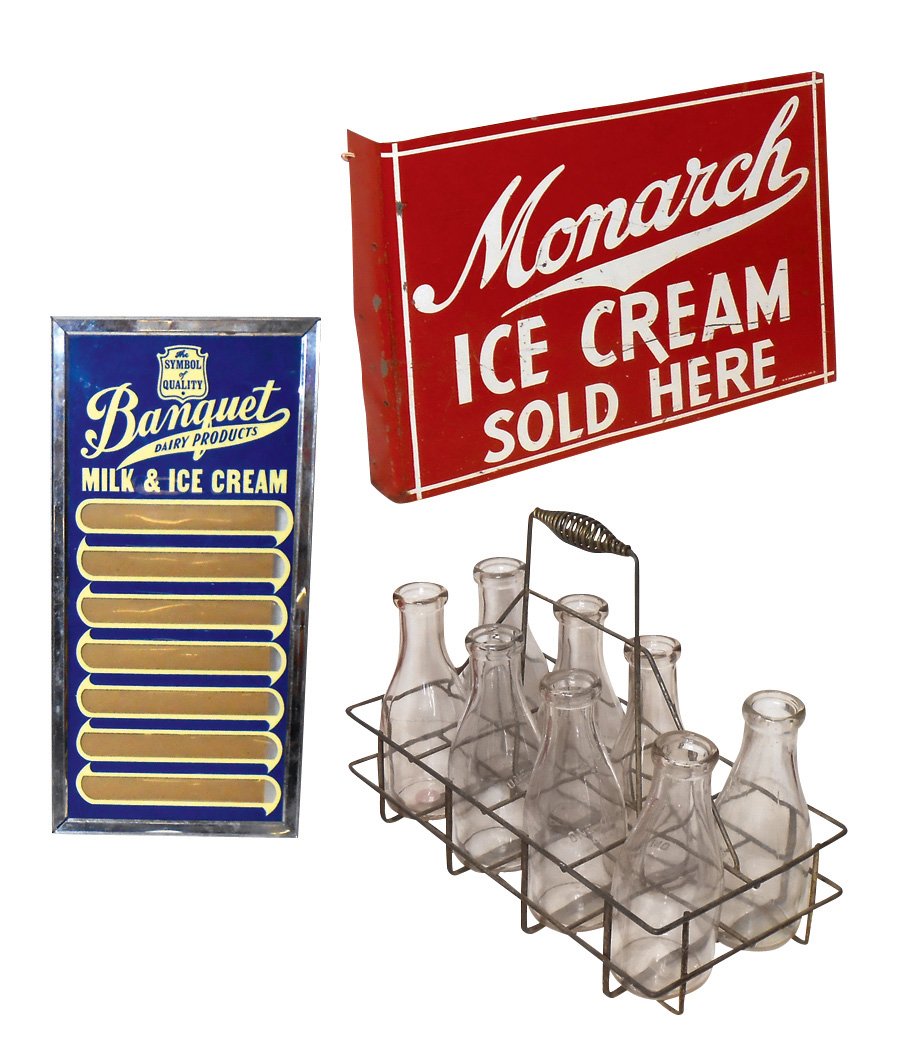 Soda fountain items (3), Monarch Ice Cream 2-sided: Soda fountain items (3), Monarch Ice Cream 2-sided metal flange sign, by G.P. Gundlach & Co.-Cinc, Good cond, 15"H x 18"W, Banquet Milk & Ice Cream flavor board (no inserts), VG cond & wire bottle car