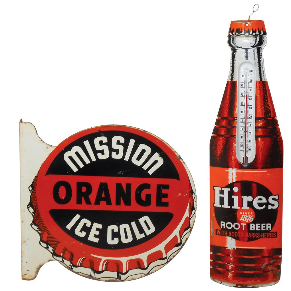 Soda fountain sign & thermometer (2), Mission Orange: Soda fountain sign & thermometer (2), Mission Orange 2-sided metal flange w/bottle cap graphics, one side Fair/Good, other Good/VG cond, 18"H x 19"W & Hires Root Beer embossed metal thermometer, Good/