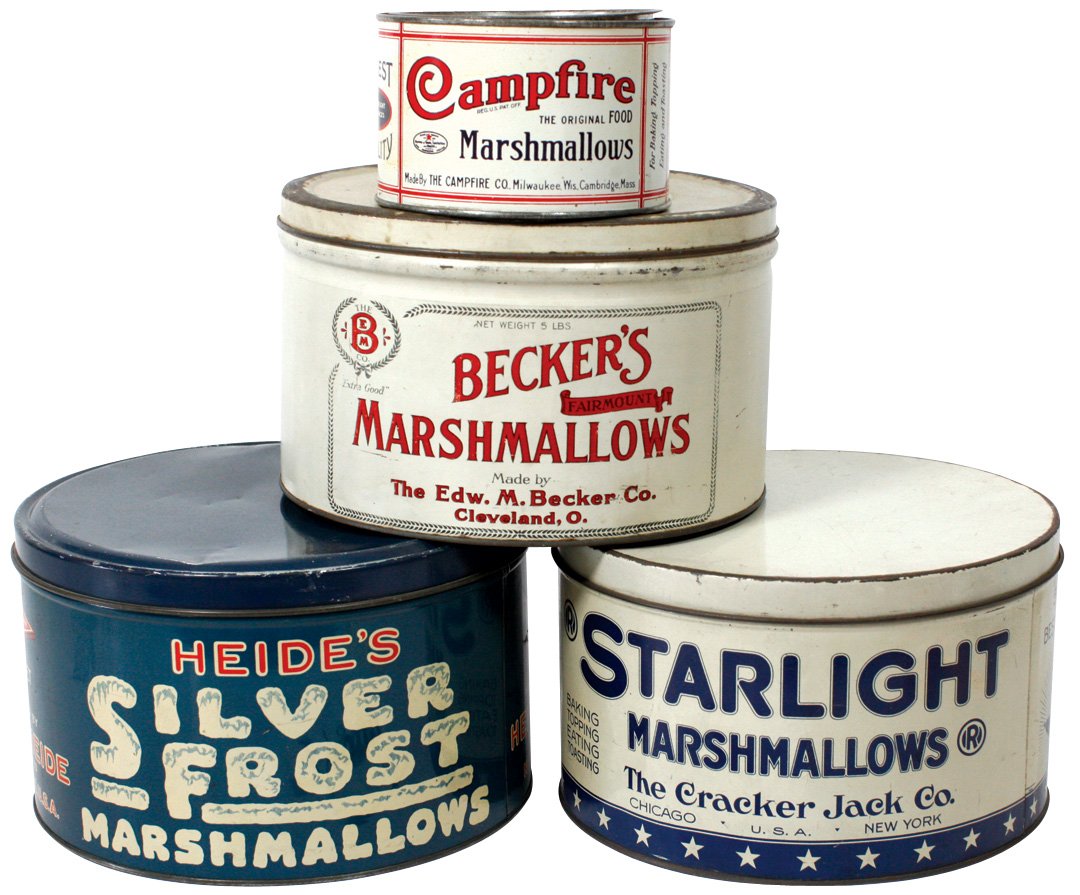 Country store marshmallow tins (4), Heide's Silver: Country store marshmallow tins (4), Heide's Silver Frost, Beckers, Starlight & Campfire brands, all VG cond, up to 6"H x 10.5"Dia.