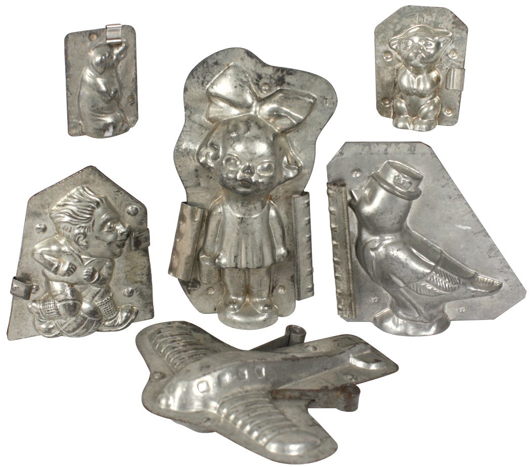 Chocolate molds (6), boy w/ball, girl w/pail, bird: Chocolate molds (6), boy w/ball, girl w/pail, bird w/hat, airplane, dog & pig, 2-pc zinc molds in Exc cond, up to 8"H.