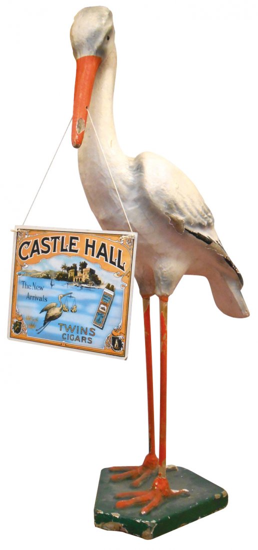 Cigar advertising figure, Castle Hall stork w/Castle: Cigar advertising figure, Castle Hall stork w/Castle Hall Twin Cigar cdbd sign, painted papier-mâché & wood, Rare larger size, VG cond w/some paint loss, 44.5"H.