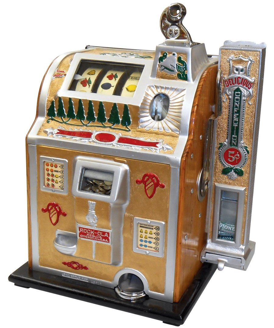 Coin-operated slot machine, Mills Rockola Jackpot: Coin-operated slot machine, Mills Rockola Jackpot Conversion w/side vendor, 5 Cent, Exc restored cond, 25"H x 19"W.