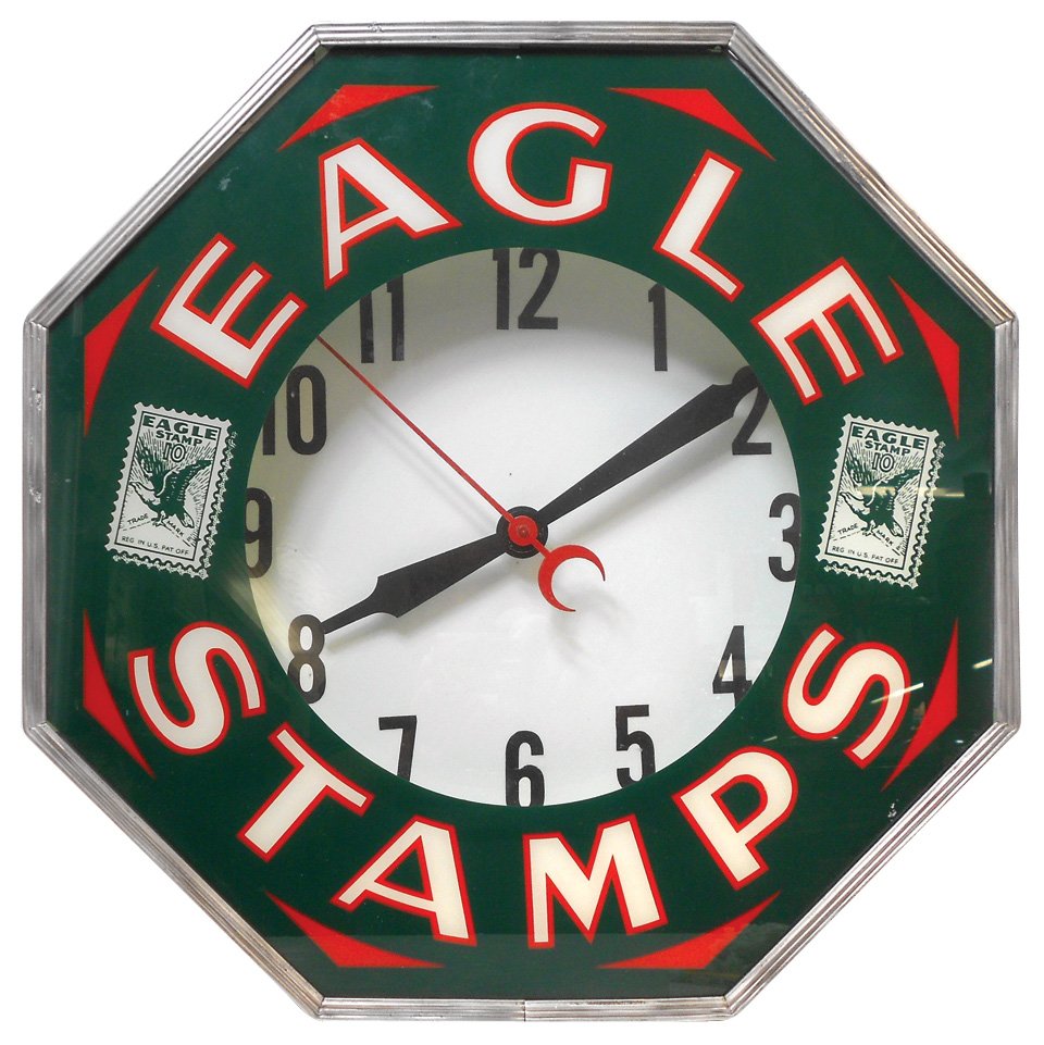 Advertising neon clock, Eagle Stamps, octagon face, Exc