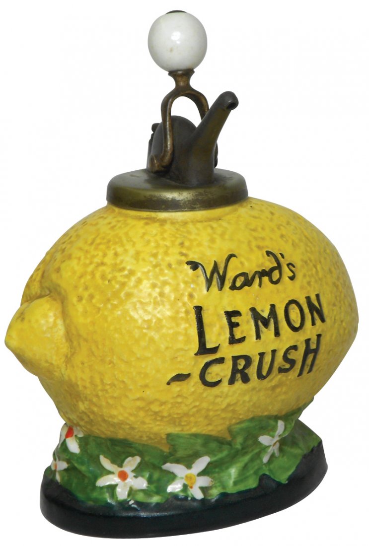 Soda fountain syrup dispenser, Ward's Lemon Crush, old: Soda fountain syrup dispenser, Ward's Lemon Crush, old ball-style pump, VG to Exc cond w/.5" glued-in chip on neck hidden under pump & minor paint loss on stem end of base, 14"H.