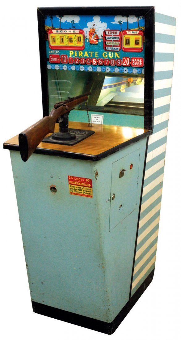 Coin-operated arcade game, Pirate Gun Target Shoot,: Coin-operated arcade game, Pirate Gun Target Shoot, mfgd by United, 25 shots for 10 Cents, VG working cond w/case showing average wear, 70"H x 26"W x 44"D.