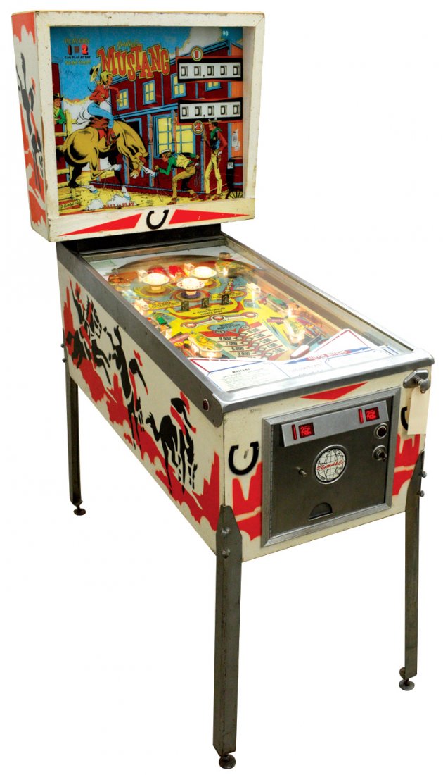 Coin-operated pinball machine, Mustang, mfgd by: Coin-operated pinball machine, Mustang, mfgd by Gottlieb, great graphics, 25 Cents for 2 plays, 1 or 2 player, VG/Exc working cond, 71"H x 22"W x 54"D.