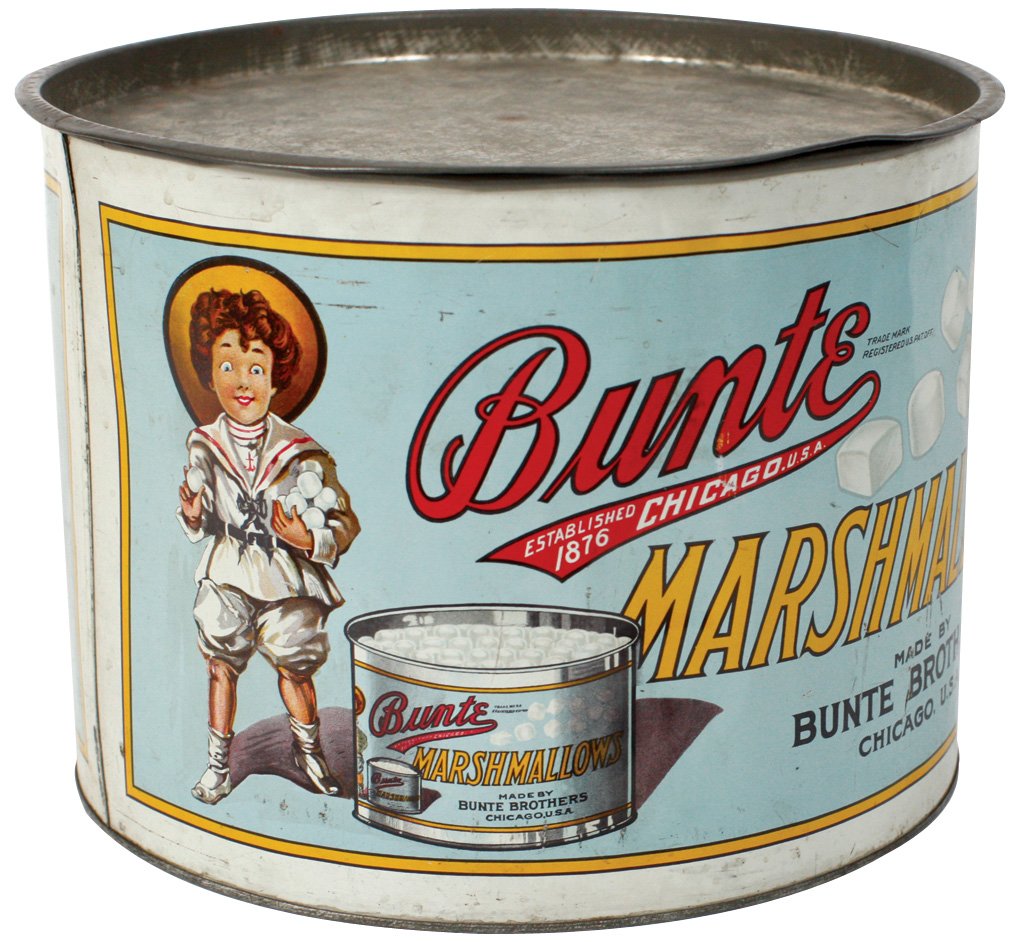 Country store tin, Bunte Marshmallows-Chicago, great: Country store tin, Bunte Marshmallows-Chicago, great graphics, VG/Exc cond w/lid, 9.5"H x 13"W.