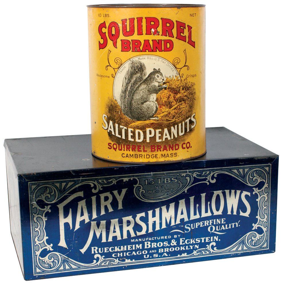 Country store tins (2), Squirrel Brand Salted Peanuts: Country store tins (2), Squirrel Brand Salted Peanuts 10# & Fairy Marshmallows 15#, both VG cond w/lids, 7.5"H & 10"H.