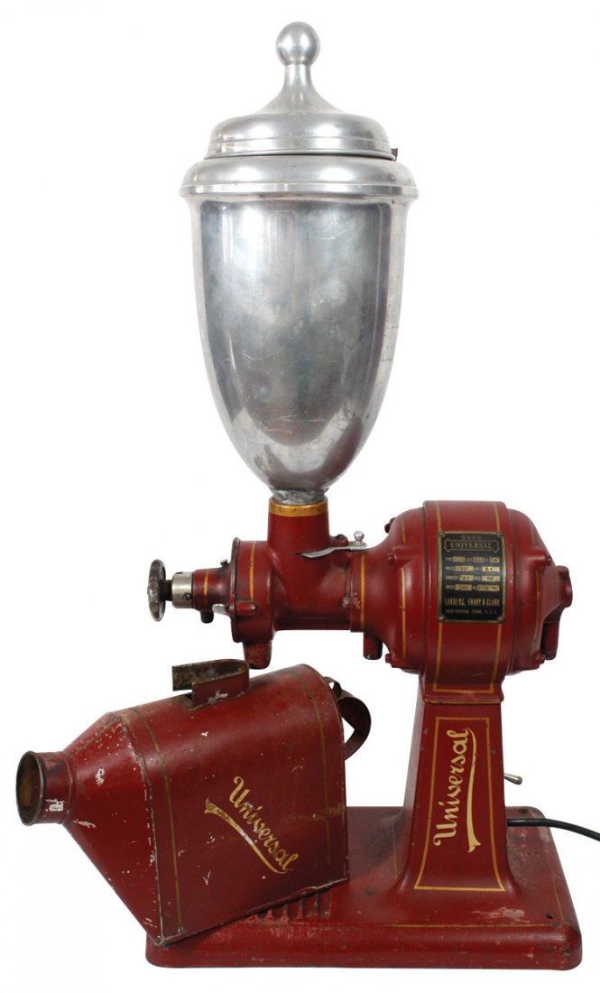 Country store coffee mill, Universal, mfgd by Landers,: Country store coffee mill, Universal, mfgd by Landers, Frary & Clark-New Britain, CT, orig red paint & stenciling, orig receiver, VG/Exc cond w/minor wear, 32"H x 16"W.