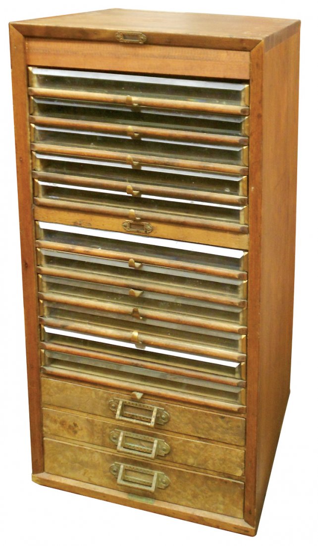 Country store spool cabinet, pine & walnut 14 drwr: Country store spool cabinet, pine & walnut 14 drwr w/burl walnut drwr fronts, made by John D. Cutter, patd Oct 5, 1875, one loose pull, VG cond w/orig surface, 30"H x 15"W x 17.5"D.