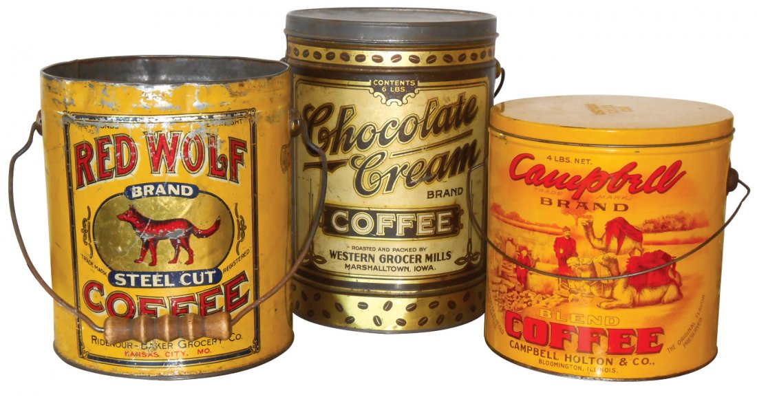 Country store coffee tins (3), Campbell, Exc cond,: Country store coffee tins (3), Campbell, Exc cond, Chocolate Cream, VG & Red Wolf w/out lid, Good cond, 8" to 11"H.