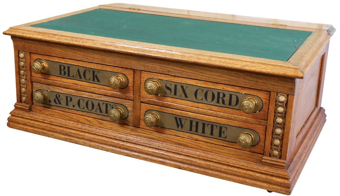 Country store spool desk, J.& P. Coats', oak/ash 4-drwr: Country store spool desk, J.& P. Coats', oak/ash 4-drwr w/replacement drwr transfers, c.1910, VG refinished cond, 12.5"H x 30"W x 21"D.