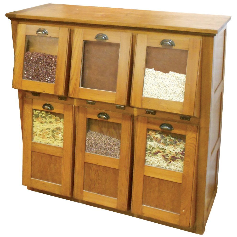 Country store seed cabinet, pine, 6 tip-out bins w/cup: Country store seed cabinet, pine, 6 tip-out bins w/cup pulls, unfinished wainscoted back, Exc cond, 55"H x 53"W x 23"D.