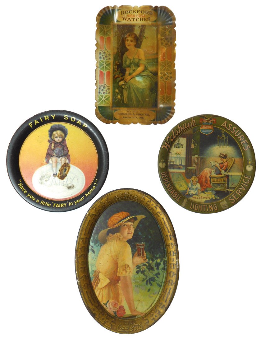 Advertising change trays (4), 1916 Coca-Cola, Good/VG,: Advertising change trays (4), 1916 Coca-Cola, Good/VG, Welsbach Lighting, Exc, Fairy Soap, Fair w/burn mark & Rockford Watches from Baker City, Ore., Good w/some discoloring, up to 6"H.