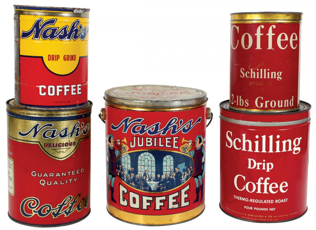 Country store coffee pails & tins (5), Nash's: Country store coffee pails & tins (5), Nash's Jubilee-Vancouver 5#, great graphics on both sides, Nash's-St. Paul, MN 2# & 3# & Schilling-San Fran. 2# & 4#, all in VG/Exc cond, 7" to 9"H.