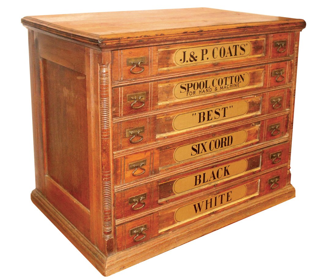 Country store spool cabinet, J. & P. Coats' oak 6-drwr: Country store spool cabinet, J. & P. Coats' oak 6-drwr w/column front & brass pulls, VG cond w/replacement drwr labels, 20"H x 24"W x 17"D.