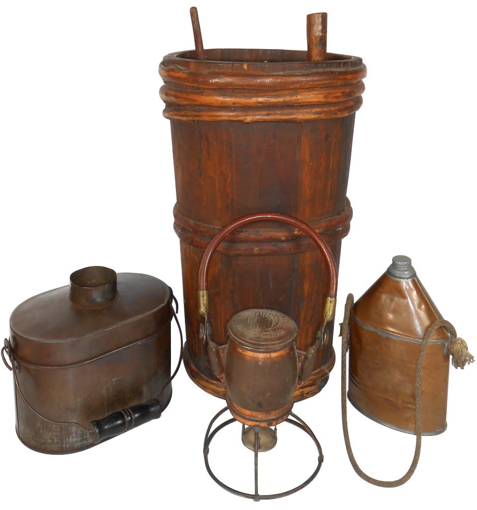 Primitive wood cask, Electric Lantern Co.-K.C., copper: Primitive wood cask, Electric Lantern Co.-K.C., copper lantern w/wood handle, tin lunch bucket (no cup) & hand-wrought copper flask, all early pcs in VG cond, up to 23"H.