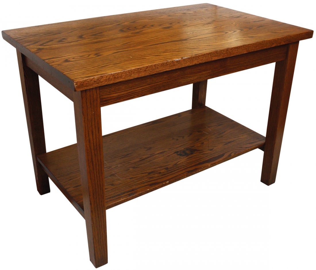 Furniture, work table, oak, shelf on bottom, VG cond: Furniture, work table, oak, shelf on bottom, VG cond w/some scratches & stain on shelf, nice height for work counter, 34"H x 48"L x 30"D.