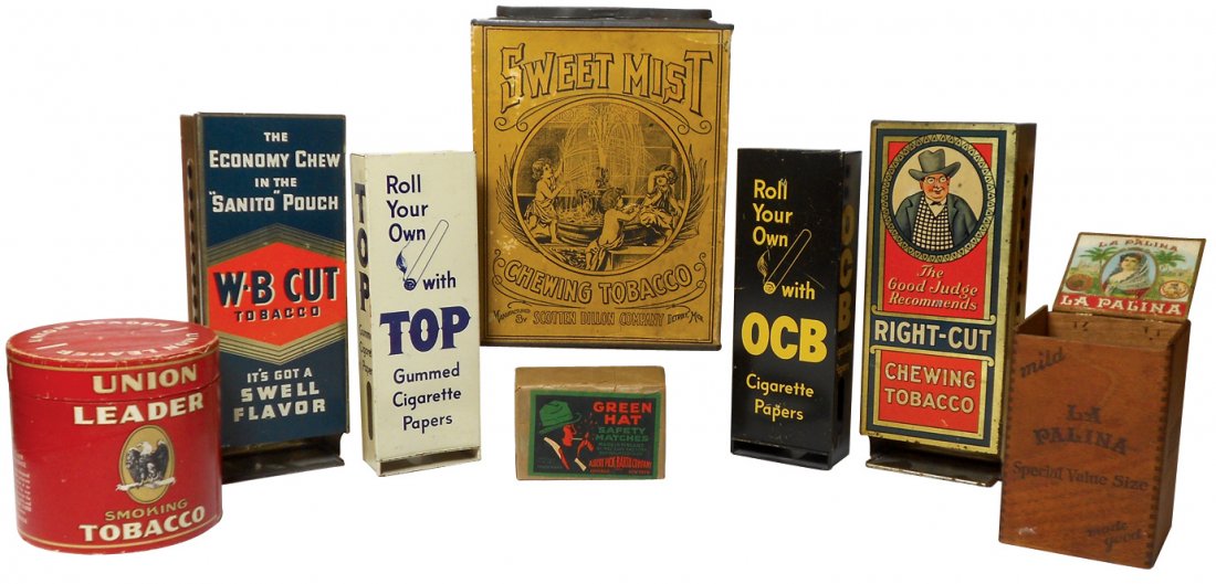 Tobacco items (8), W-B Cut, O.C.B., Top & Right-Cut: Tobacco items (8), W-B Cut, O.C.B., Top & Right-Cut dispensers, Sweet Mist cdbd box (large hole on back corner), wood La Palina Cigar box, Union Leader cdbd canister & Green Hat Matches, Exc NOS, all