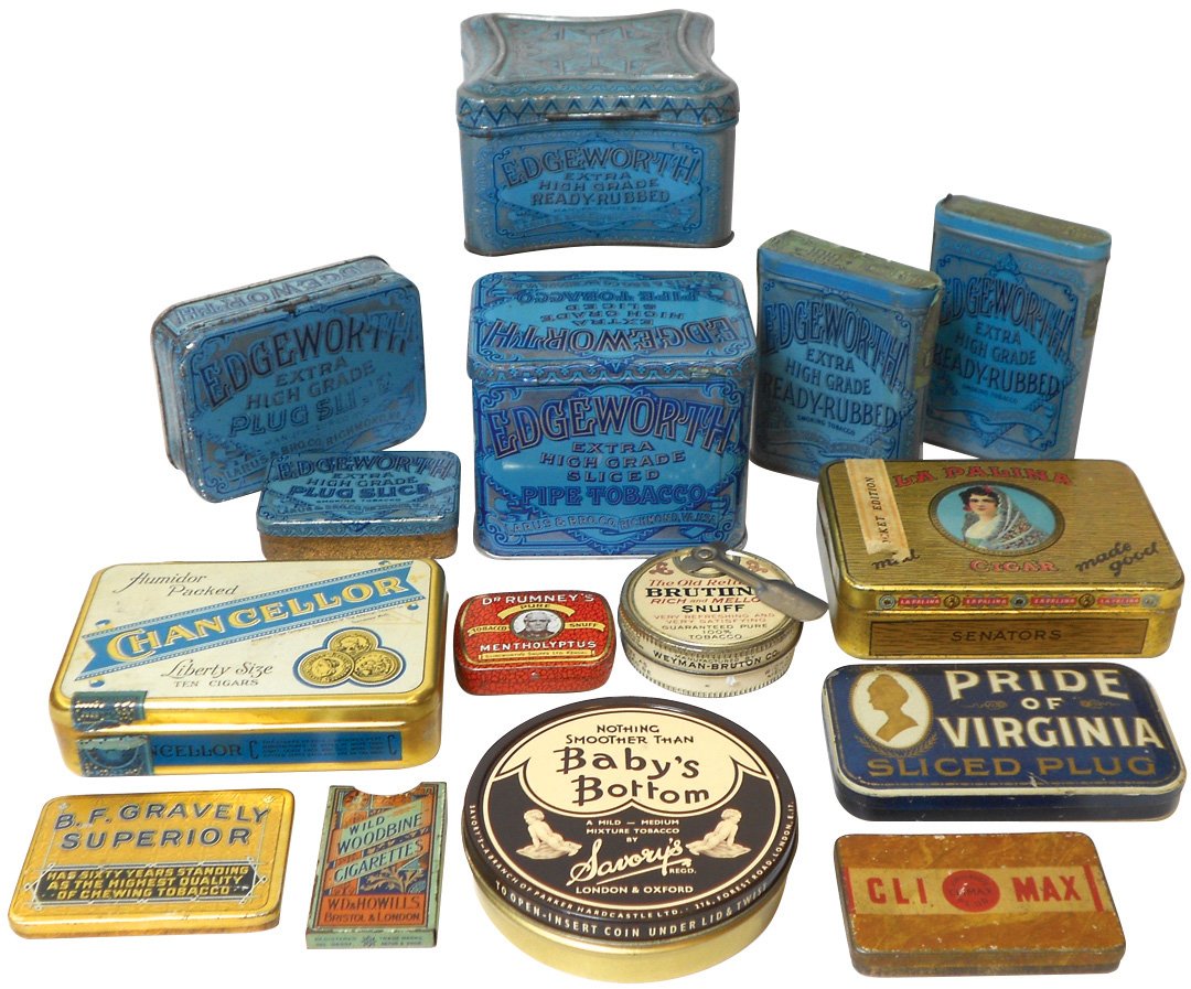Tobacco tins (14), Edgeworth, Pride of Virginia,: Tobacco tins (14), Edgeworth, Pride of Virginia, LaPalina, Wild Woodbine Cigarettes, Baby's Bottom, Bruton's Snuff, etc., all in VG & Exc cond, up to 4.5"H. (Chancellor tin pictured is not in this lot