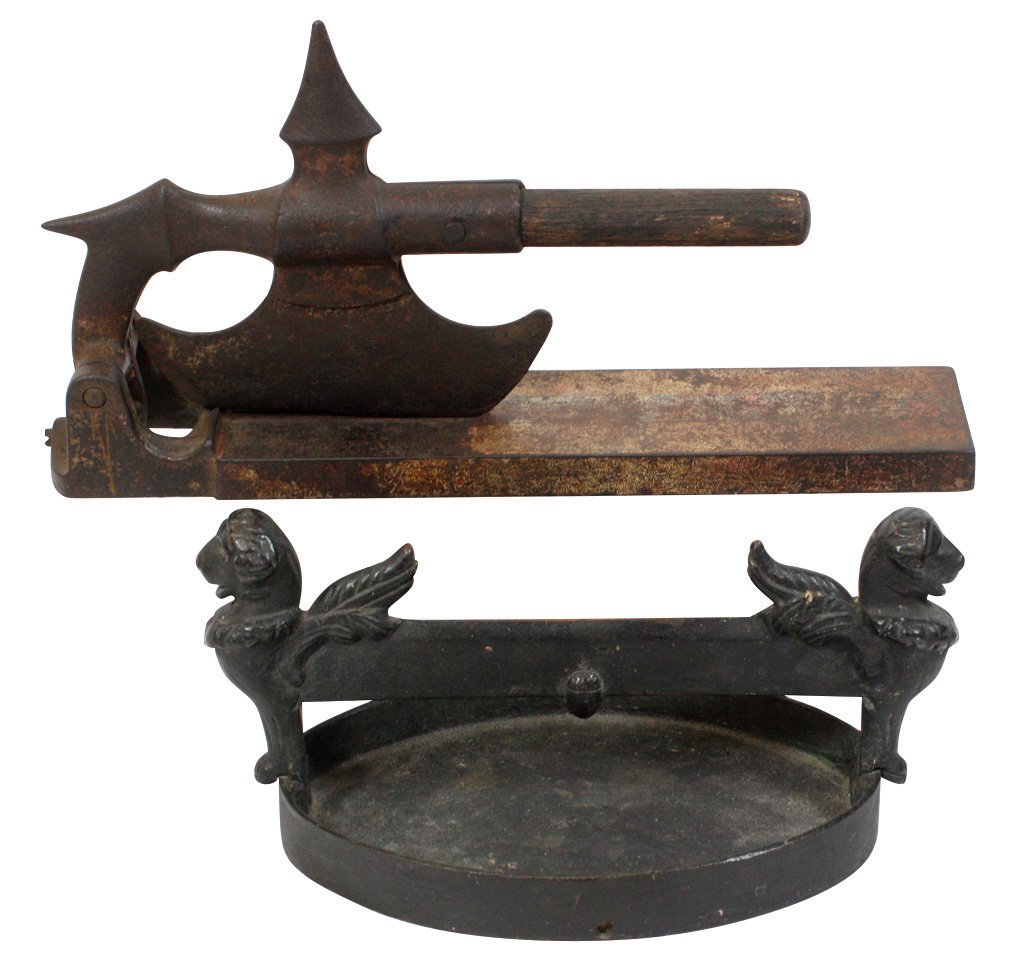 Tobacco cutter, cast iron guillotine style, embossed: Tobacco cutter, cast iron guillotine style, embossed The Roger's Iron Co.-Springfield, O. & cast iron boot scraper w/griffin ends, both Exc cond w/old patina.