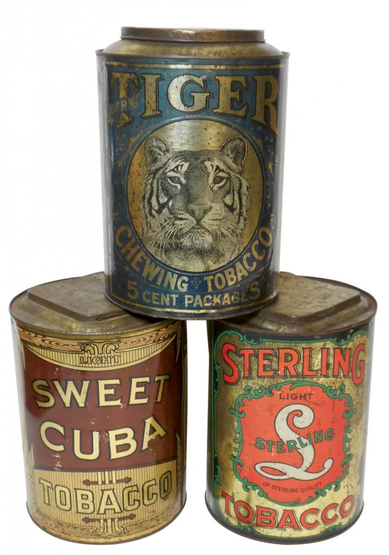 Tobacco tins (3), Tiger, Sweet Cuba & Sterling Light,: Tobacco tins (3), Tiger, Sweet Cuba & Sterling Light, all w/hinged lids, Good/VG cond & 11.5"H.