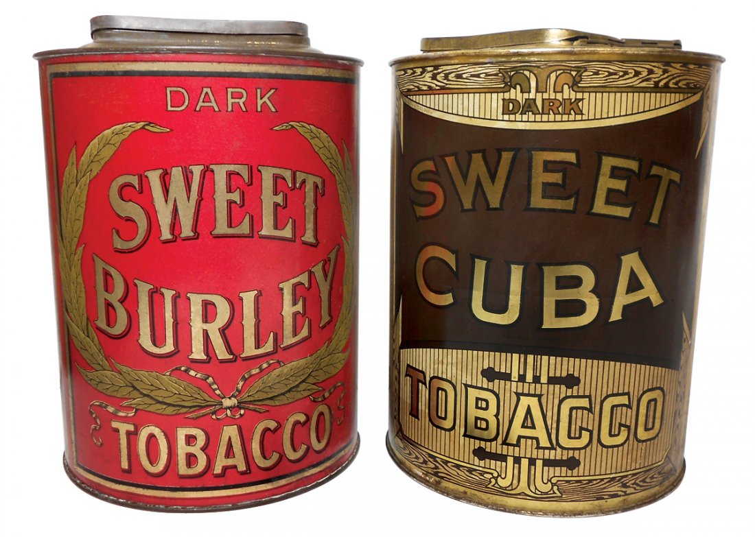 Tobacco tins (2), Sweet Cuba & Sweet Burley, both: Tobacco tins (2), Sweet Cuba & Sweet Burley, both w/hinged lids, both in VG/Exc cond & 11.5"H.