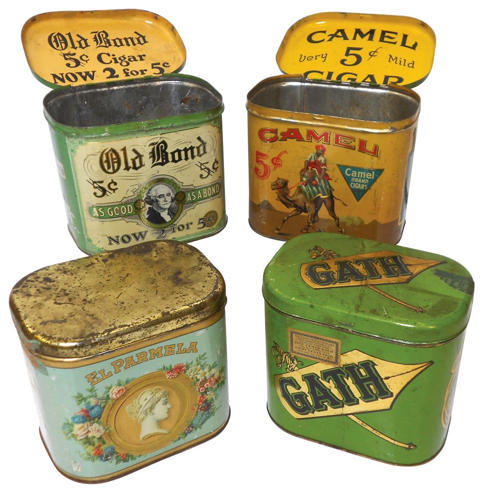 Tobacco tins (4), all ovals, Old Bond, Camel, El: Tobacco tins (4), all ovals, Old Bond, Camel, El Parmela & Gath, all VG cond w/great graphics, 6"H x 6"W.