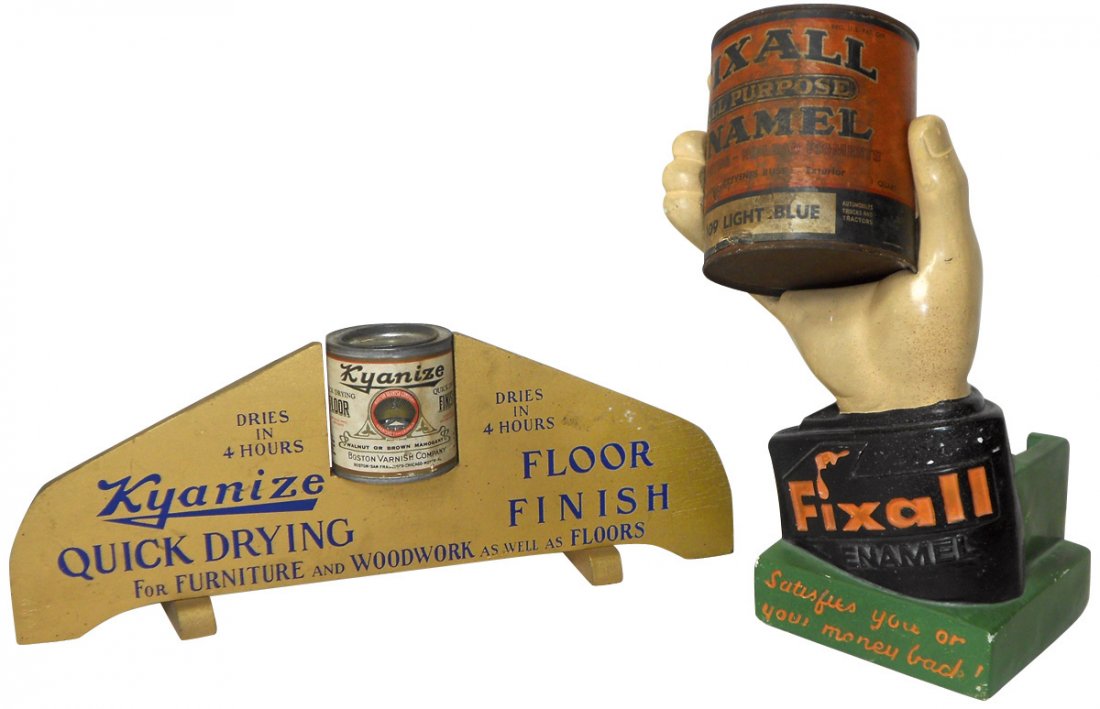 Hardware store paint displays (2), Fixall Enamel: Hardware store paint displays (2), Fixall Enamel plaster hand w/can & wood Kyanize Floor Finish counter display w/can, both VG cond, 14"H x 6"W x 7"H x 16"W.