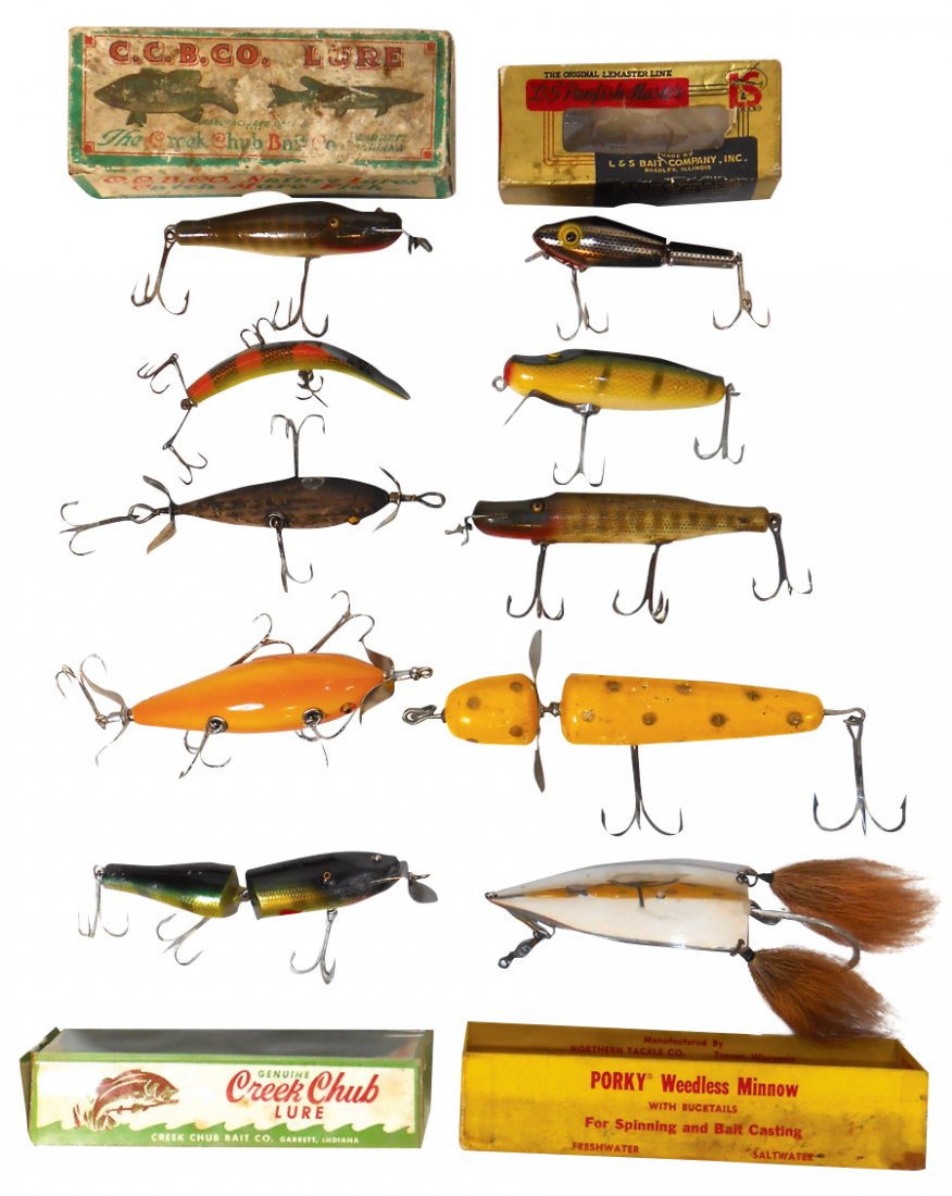 Fishing lures (10), Porky spoon lure w/box, CCB Co.: Fishing lures (10), Porky spoon lure w/box, CCB Co. jointed Pikie w/box, CCB Co. Pikie Minnow w/box, CCB Co. Pikie, Cedar Creek Minnow w/box (never used), L&S Panfish Master w/box (torn cellophane on 