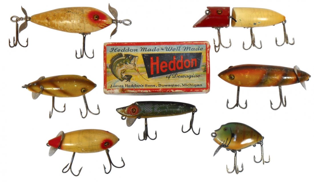 Fishing lures (7), Heddon Dowagiac w/box, Zig Wag,: Fishing lures (7), Heddon Dowagiac w/box, Zig Wag, Punkinseed, Dowagiac Minnow, Crab Wiggler & 2 Baby Crabs, Good/VG cond, 2.25"-4"L.