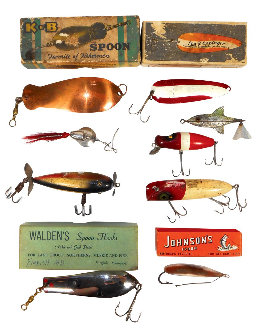 Fishing lures (9), K-B Spoon w/box (box Good cond),: Fishing lures (9), K-B Spoon w/box (box Good cond), Walden's Spoon w/box (nickel & gold plated), Johnson's Spoon, Dardevle Spoon w/box, Fred Arbogast w/Flaptail (missing 1 glass eye), Bass-Oreno, Inju