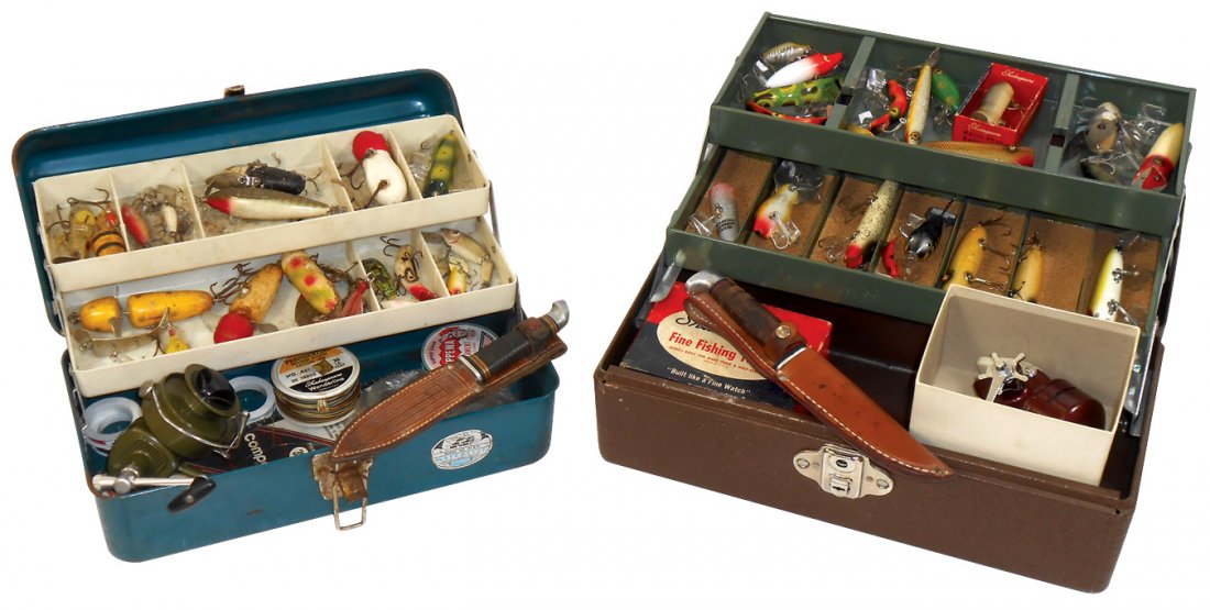 Fishing, tackle boxes w/contents, Union & Walton Prod.: Fishing, tackle boxes w/contents, Union & Walton Prod. Co. Grip-Loc tackle boxes full of antique & vintage lures, Case knife, etc., Pflueger Globes, Injured Minnow, Lazy Ike, Crazy Crawler, Heddon Chu