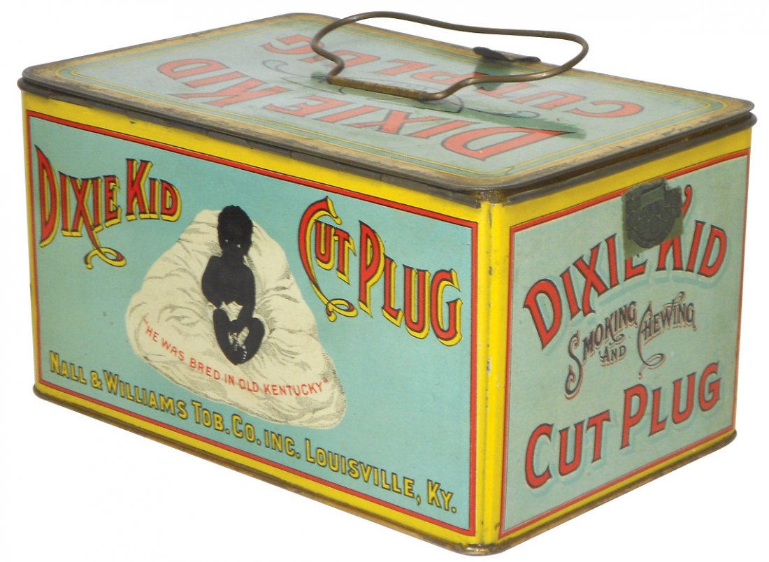 Tobacco tin lunch box, Dixie Kid Cut Plug, by Nall &: Tobacco tin lunch box, Dixie Kid Cut Plug, by Nall & Williams Tobacco Co.-Louisville, great Black Baby graphics & says "He was bred in Old Kentucky", VG+ cond w/minor wear, 5"H x 8"W.