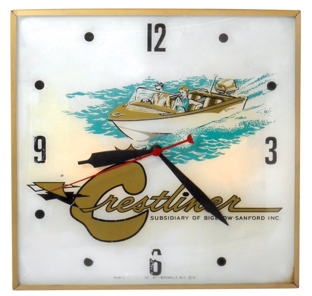 Boating clock, Crestliner light-up, mfgd by Pam Clock: Boating clock, Crestliner light-up, mfgd by Pam Clock Co., great boating graphics, some paint loss on face, o/wise Exc working cond, 15.5"Sq.