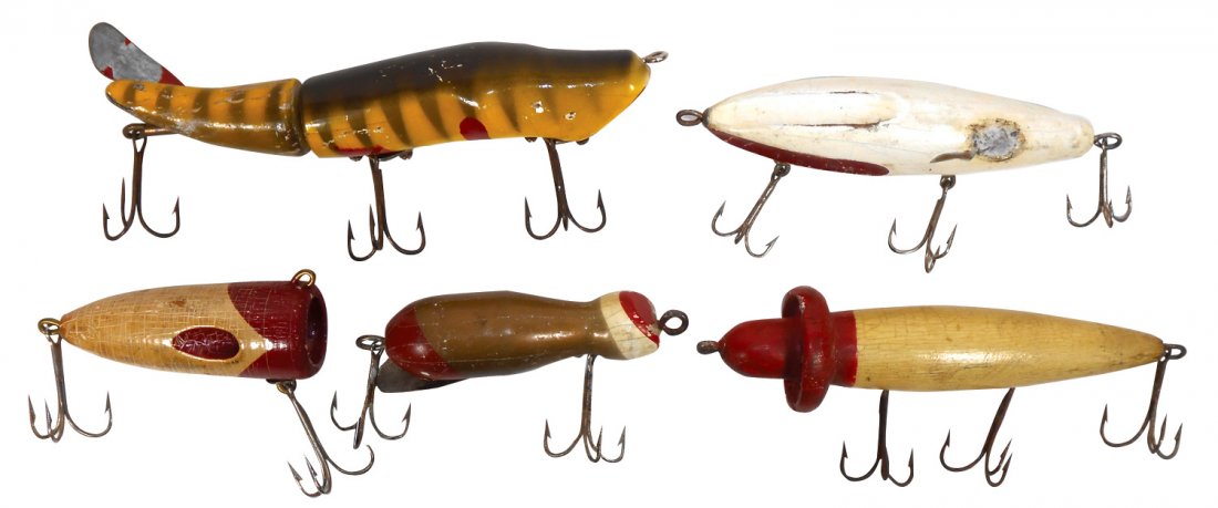 Fishing lures (5), unmarked Woodpecker, Mudpuppy & 3: Fishing lures (5), unmarked Woodpecker, Mudpuppy & 3 other unusual lures, all painted wood, VG cond w/missing paint & areas of repaint, Mudpuppy 5.75"L.